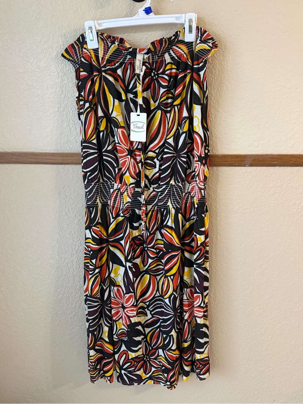 Fossil Strapless Floral Print Dress in Black, Yellow & Red NEW